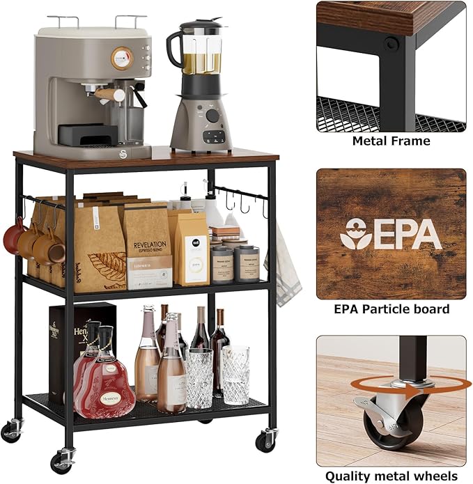 Homleke 3-Tier Rolling Kitchen Microwave Cart, Utility Cart | Coffee Bar Table Station with 6 Hooks, Small Appliance Storage Shelf, Rustic Brown and Black