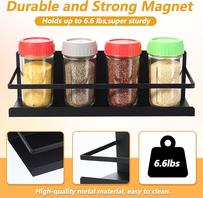 4 Pack Magnetic Spice Rack for Refrigerator, Strong Space Saving Shelf Organizer Single Tier Fridge Spice Storage Black