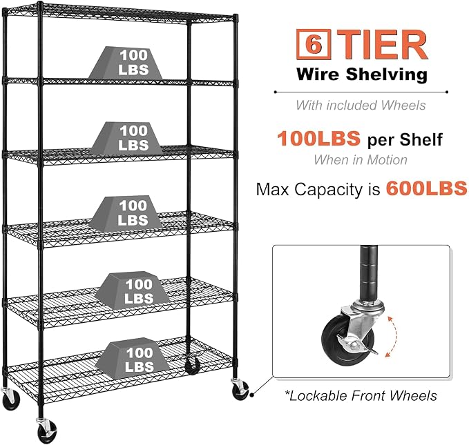 Meet perfect 6-Tier Wire Shelving Unit with Wheels, 72" H x 48" W x 18" D Heavy Duty Metal Shelf, 6000LBS Capacity Adjustable Utility Storage Rack for Garage Pantry Kitchen Warehouse