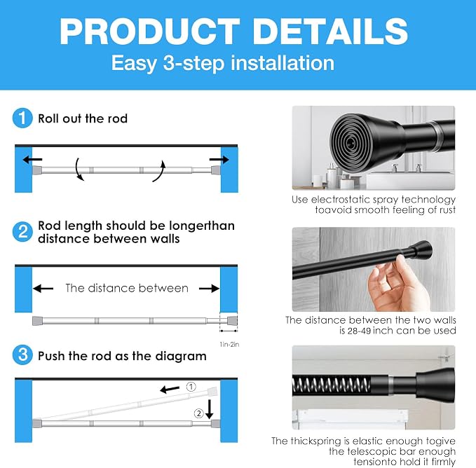 2 Pack Spring Tension Rods 28-49 Inches, 7/8 Inch Diameter Black No Drill Spring Loaded Adjustable Extendable, Small Short Tension Curtain Rod for Windows Kitchen Doorway Closet Cupboard