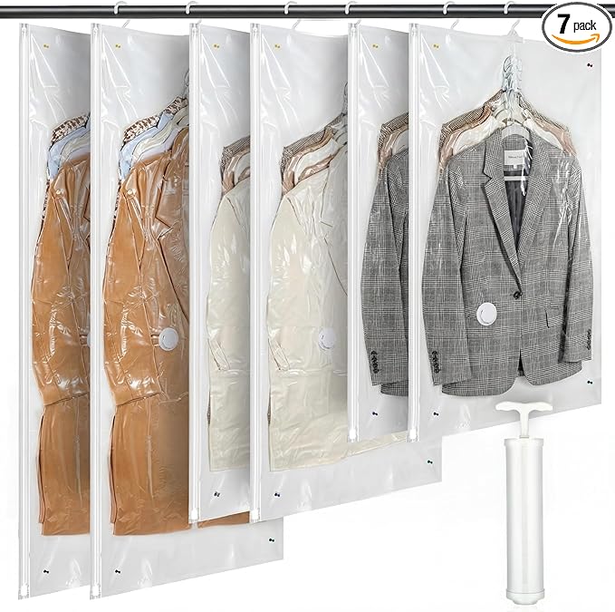 Novabright 7 Pack Hanging Vacuum Storage Bags for Clothing Compression Bags with Hand Pump Clear Reusable Hanging Vacuum Seal Storage for Coats Closet Organizer (2 Long 2 Medium 2 Short)