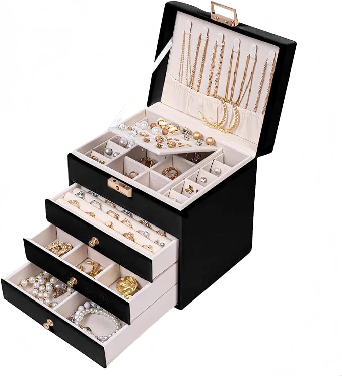 Leather Jewelry Box with Lock for Women, 4-Tier 3-Drawer Large Capacity Organizer, Vanity Storage Case for Earrings Rings Necklaces, Elegant Gift for Her (Balck, 9" L x 6.7" W x 7" H)