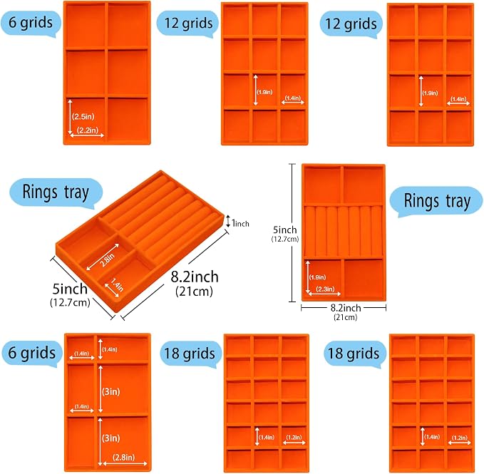 Jewelry Organizer Tray Set of 8, Stackable Velvet Jewelry Trays with Removable Dividers, Drawer Inserts Earring Organizer for Women, Jewelry Storage Display Case for Rings Necklaces Bracelets, Orange