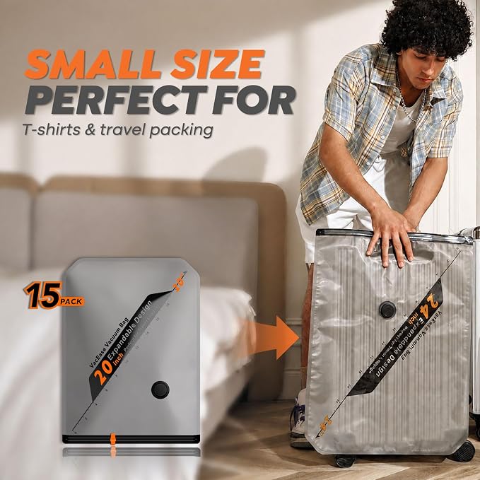 Rechargeable Wireless Pump Travel Storage Bags Set - 15 Pack Small Size Vacuum Bags for Travel & Home, Space-Saving Compression Packing for Clothes, Suitcase Luggage