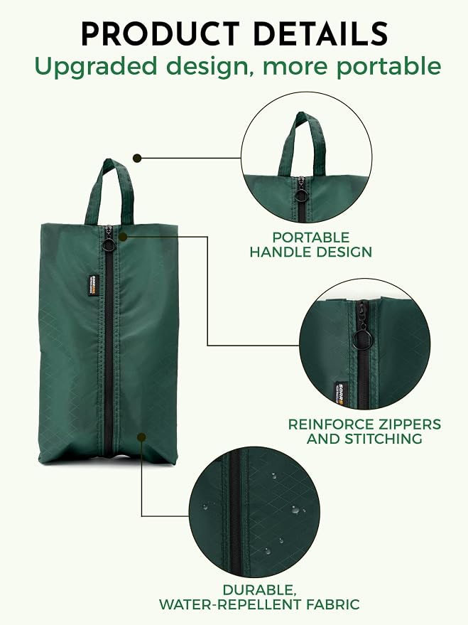 2 Pack Shoe Bags for Travel, Water-Resistant Organizers, Green | 100D Composite Nylon, Translucent Design, Large Capacity, Odor and Dust Protection For Gym, Soccer, Golf, Tennis, Baseball