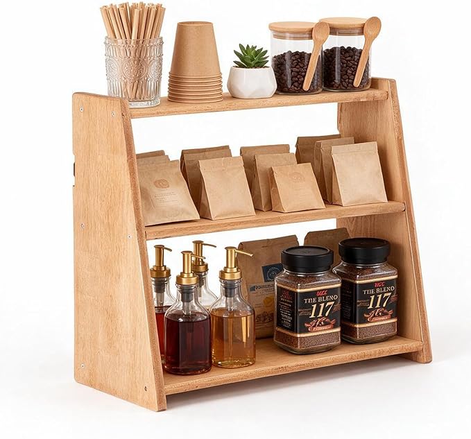 100% Solid Wood Coffee Bar Organizer, Countertop Organizer | 3 Tier Coffee Station Organizer, Water Proof Bathroom Counter Organizer, Display Shelf for Mug, Makeup, Trinket, perfume