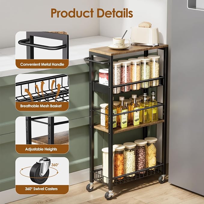 Slim Rolling Storage Cart, 4 Tier Narrow Storage Cart, 7.1in(W) | Metal Kitchen Rolling Cart for Small Spaces, Narrow Shelf for Kitchen, Laundry Room, Bathroom, Living Room