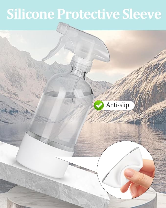 2 Pack 360° Glass Spray Bottles with Silicone Sleeve, 16 oz Empty Refillable Containers with Adjustable Spray Nozzles, Spray Bottles for Hair, Cleaning Solutions and Plants Black&White