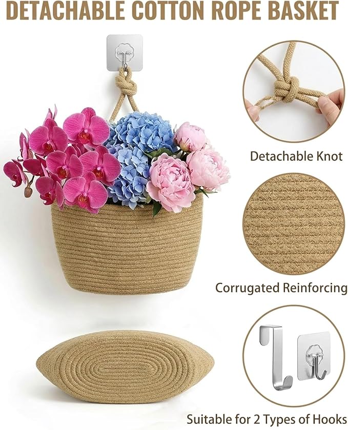 Over the Door Hanging Basket 3 Tier Woven Cotton Wall Mounted Storage Bag Boho Cottage Jute Baskets Kitchen Produce Organizer Vegetable Hang Wicker Closet Bathroom Decor Organizing Shelf(White)