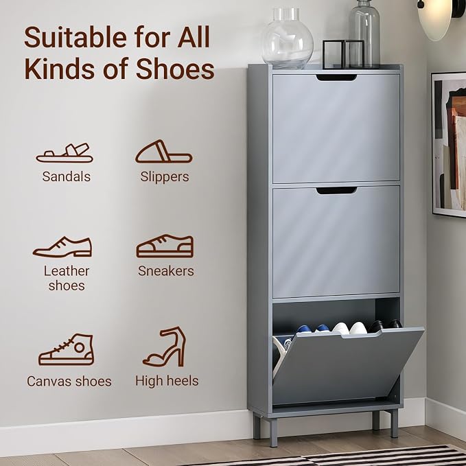 Haotian Slim Shoe Cabinet Entryway | Hidden Shoe Storage with Three Flip Drawers to Save Space, Freestanding Shoe Rack for Entryway, Hallway Grey