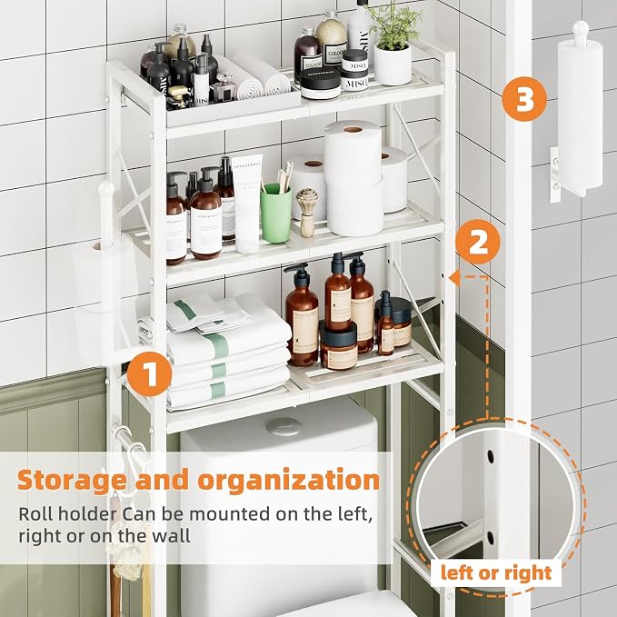Simple Trending Over The Toilet Storage Rack with Toilet Paper Holder, Heavy Duty Metal 3 Tier Bathroom Organizer Shelf with 3 Hooks, White