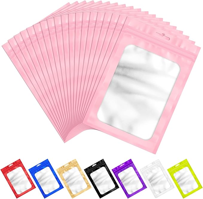 100 PCS Pink Resealable Mylar Bags with Frosted Clear Window Smell Proof Packaging Bags Foil Pouch Zip Bag for Food Self Sealing Storage Supplies 5.12x8.27