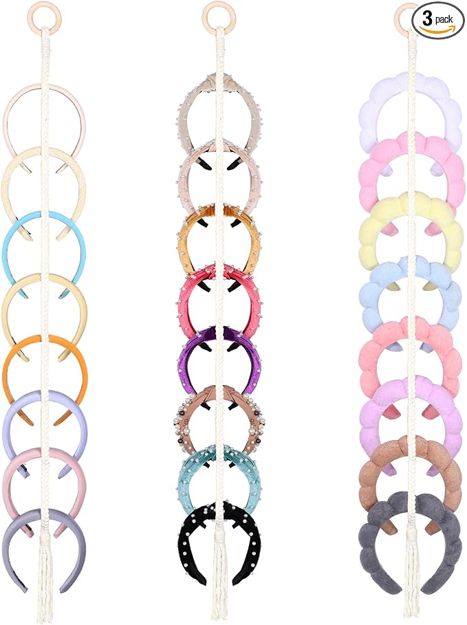3 PCS Headband Holder Organizer for Girl,Hanging Hairband Storage for Women,Beige Hair Hoop Display Hair Accessories Organizer Bedroom College Dorm Decor(Beige Beads)
