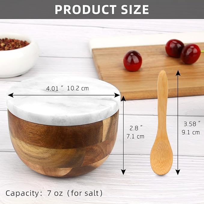 Salt Cellar Box with Lid & Spoon, Modern White Stone Salt or Pepper Sugar Spice Seasoning Bowl Container Jar Holder Well Keeper Dish Pig Crock for Kitchen (Marble Lid Set)
