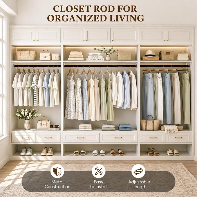 Closet Rod, 17-39 IN Closet Rods for Hanging Clothes, Black | Stepless Adjustable, Supports up to 66 lbs, Multiple Size Options, Easy Installation, Multi Purpose, Wall-Mounted