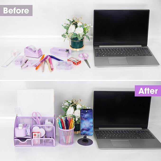 Desk Organizers and Accessories, Office Supplies 15PS Set with Stapler, Staple Remover, Pen Holder, Clips Set, Tape Dispenser, Tape, Phone Holder, 1000 Staples, Ruler, Scissors (Purple)