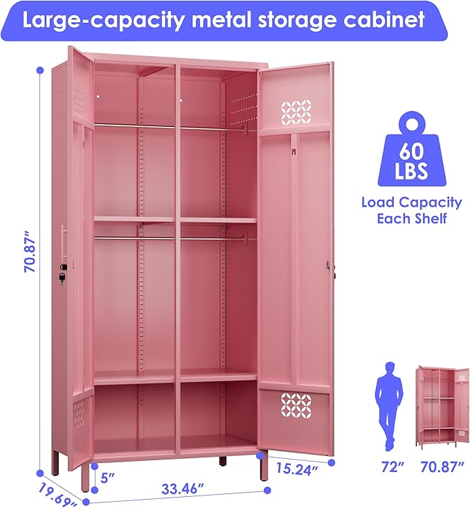 METAN 71" H*33.5" W*20" D Metal Wardrobe Closet with Lock,Extra Deep 2 Doors Metal Wardrobe Cabinet for Home,Assembly Required,Pink