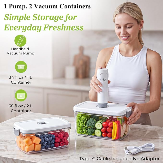 URPOWER Compact Vacuum Sealer Set with 2 Vacuum Containers for Food Storage (34 fl oz & 68 fl oz), Handheld Portable Vacuum Pump Vacuum Food Sealer Machine for Food Storage, Travel & Meal Prep