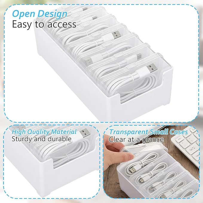 4 Set Cable Organizer Box with 28 Clear Switch Case Power Cord Organizer Desktop Cable Management Box Desktop Charger Cord Storage Organizer Box for Office Home Desk Accessories Stationery Supplies