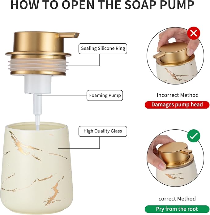 Enra Ceramic Foaming Soap Dispenser -12oz Modern Foam Gold Hand Soap Dispenser Bathroom, Refillable Dish Wash Soap Bottle for Kitchen with Large Pump(Gold Foam Type-Beige)