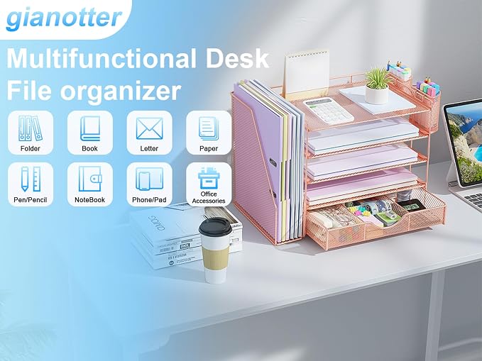 gianotter 5-Tier Desk Organizer with Drawers, File Holders, Letter Trays and Pen Holders - Workspace Accessories for Office Supplies (Rose Gold)