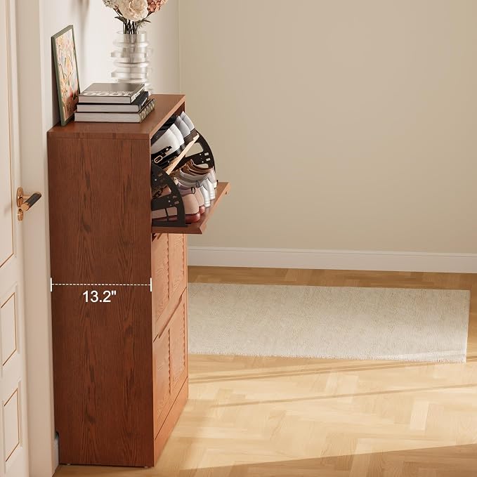 WoodsWhisper Solid Wood Shoe Cabinet for Entryway with 3 Flip Drawers, Narrow Shoe Organizer with Breathable Slatted Doors, Freestanding Hidden Shoe Rack for Hallway (Walnut, 32" W)
