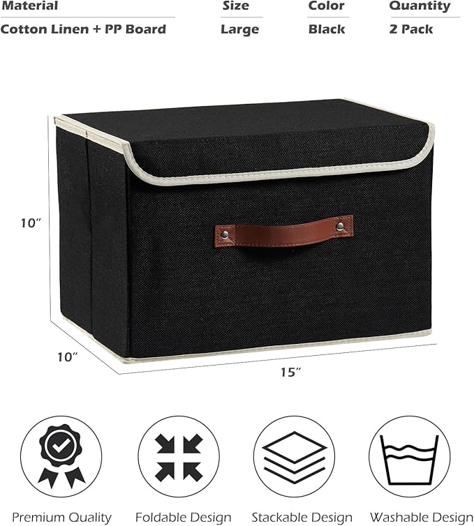 2PCS Storage Boxes with Lid Cotton Linen Fabric Storage Bins Organizer Container Decorative Collapsible Washable Shelf Closet Baskets Faux Leather Handles Home Bedroom (Black, Large Size)