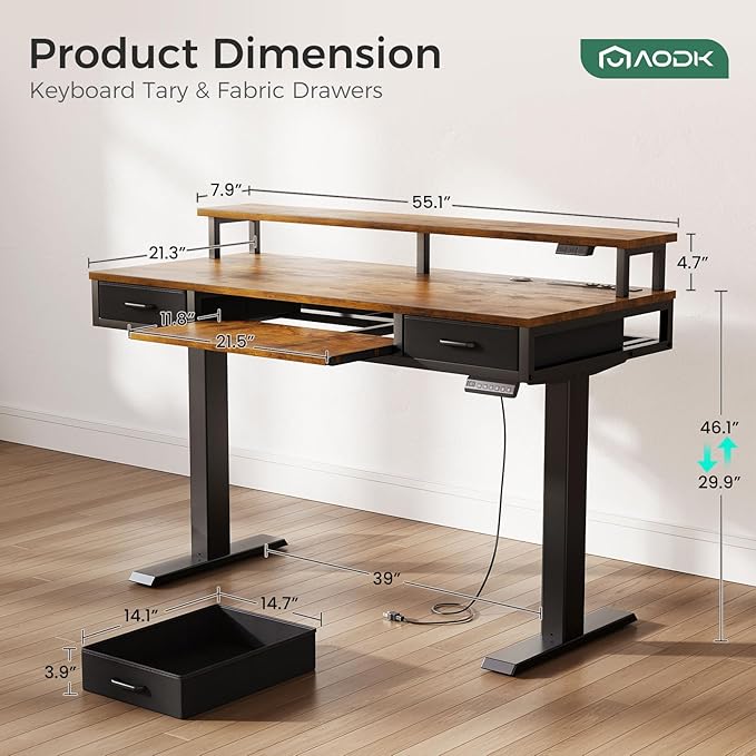AODK 55 Inch Standing Desk with Drawers & Keyboard Tray, Rustic Brown | 3 Outlets & 2 USB Ports, 20-Mode LED Lights, Monitor Stand, Cable Management Tray, 3 Memory Heights, 29.9"-46.1" in Range
