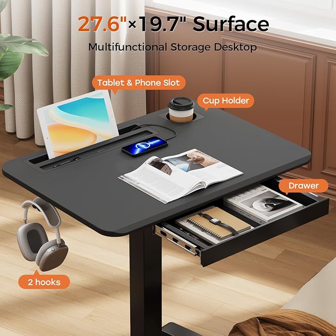 28" Mobile Standing Desk with Drawer, Portable Laptop Desk | Rolling Desk with Cup Holder & Hooks, Height Adjustable Computer Cart on Wheels for Classroom, Study Desk with Storage, Black
