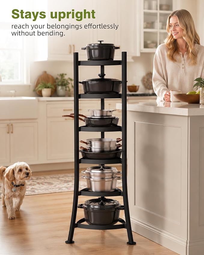 6-Tier Cast Iron Freestanding Pot Rack, 264 Lbs Capacity Cookware Storage Tower with 6 Hooks, Pot and Pan Organizer for Kitchen and Dining Room, Matte Black
