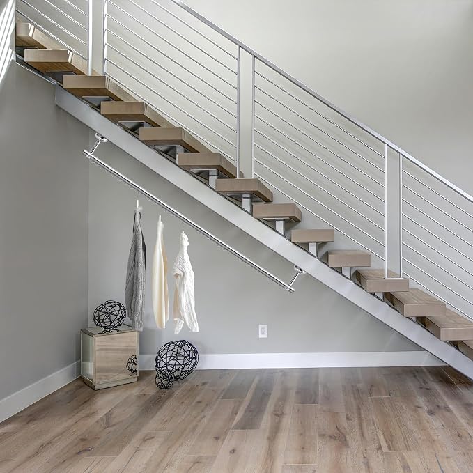 Wonderjune Closet Rail Hanging Closet Rod, 41" Any Angle Clothes Hanging Rail Under Stairs Storage Sloped Ceiling Mount Clothes Rod for Under Stairs Attic Bedroom Wall Mount(Silver)