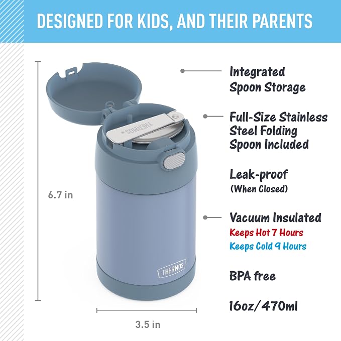 THERMOS FUNTAINER Insulated Food Jar, 16 Ounce, Kid Friendly Food Jar with Foldable Spoon, Denim Blue (Pack of 6)