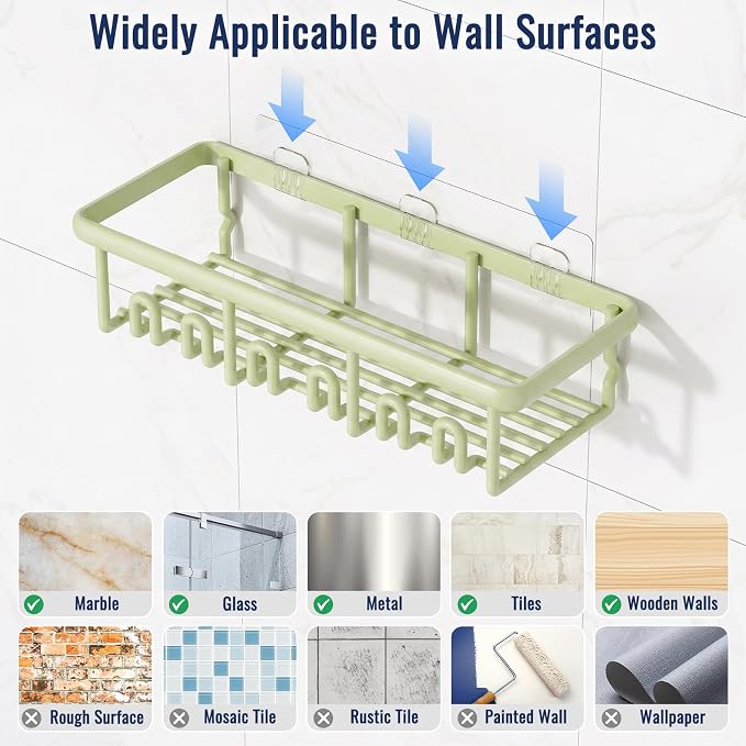 8 Pack Adhesive Rustproof Shower Caddy with Soap Dishes, Toothbrush Holder & Hooks, Large Capacity No-Drilling Shower Shelves Rack for Bathroom Organizers and Storage Accessories, Green