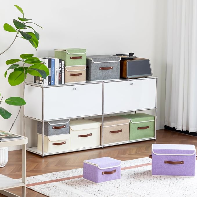 Collapsible Storage Boxes Baskets with Lid Cotton Linen Fabric Storage Bins with Faux Leather Handles Decorative Washable Cube Organizer Container for Home Closet Bedroom (Linen, Small Size)