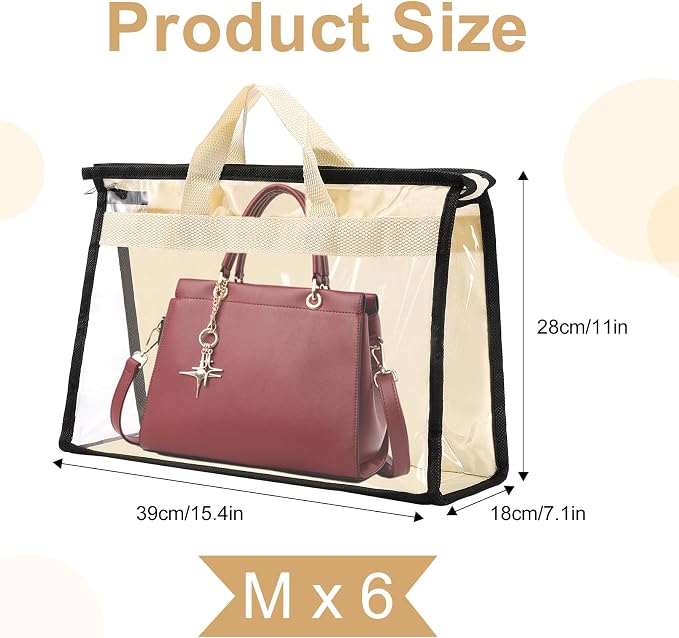 Dust Bags for Handbags,6 Pack Clear Handbag Storage Organizer,Purse Storage Bag with Zipper and Handle,Handbag Dust Bags for Closet Hanging Storage (6pcs M)