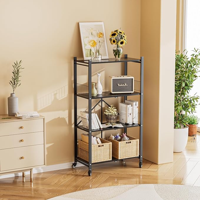 Folding Storage Shelves, 4-Tier Metal Foldable Shelf Shelving Rack Organizer On Rolling Wheels in Kitchen Warehouse Patio Pantry Garage Collapsible Shelves No Assembly (Black, 4-Layer)