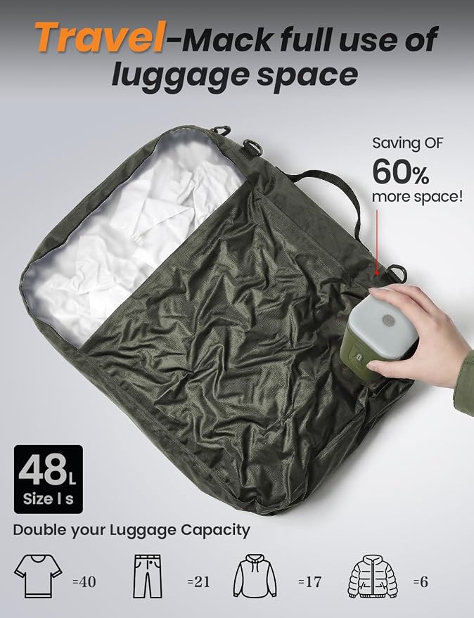 12 Travel Vacuum Bags with Pump for Travel Camping Sports Business TPU&PAPE Space Saver 2 Pack Storage with Portable Air Pump, Compression Packing for Clothes, Luggage, Suitcases - Green 48L