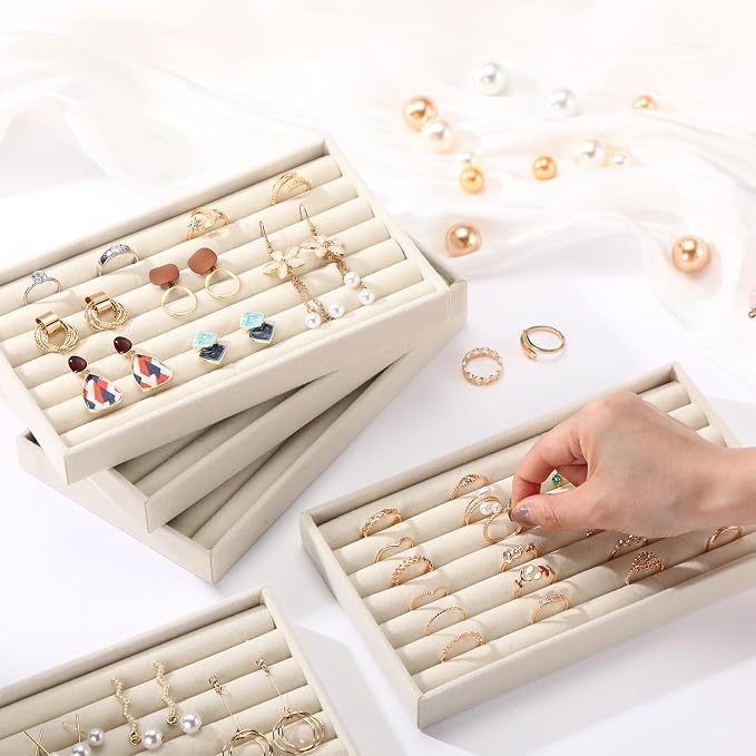 Highergo 8 Pcs Velvet Jewelry Trays Stackable Drawers Organizer Ring Earring Bracelet Necklace Storage Trays, 8.3x4.7x1''(7 Long Slots)