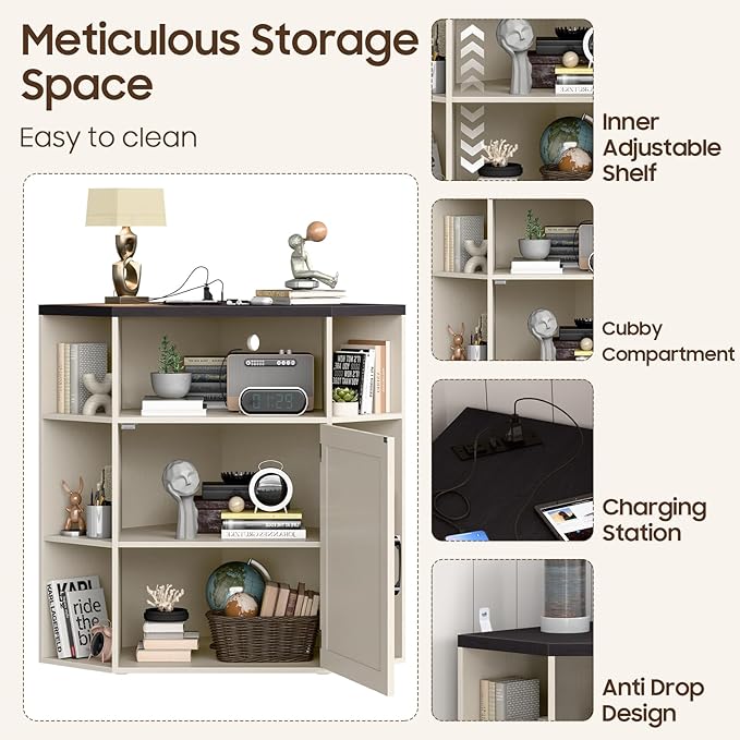 Halitaa Corner Storage Cabinet, Farmhouse Corner Bookshelf with Storage 6-Cubby Wooden Cabinet with USB Ports and Outlets Industrial Organizer for Small Space, Study, Playroom, Living Room