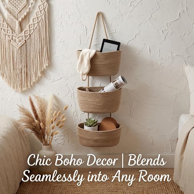 Hanging Wall Basket, Over the Door Hanging Basket with Hooks, Cotton Back of Door Organizer for Living Room, Bedroom, Boho Wall Decor, Toy Storage, Jute