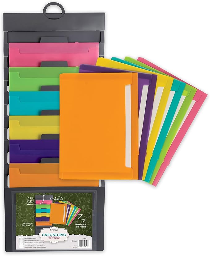 Samsill Cascading Wall File Organizer, Classrom Organization and Storage, 6 Removable Poly Hanging File Folders, Command Center Wall Organizer, Gray with Assorted Fashion Color Folders