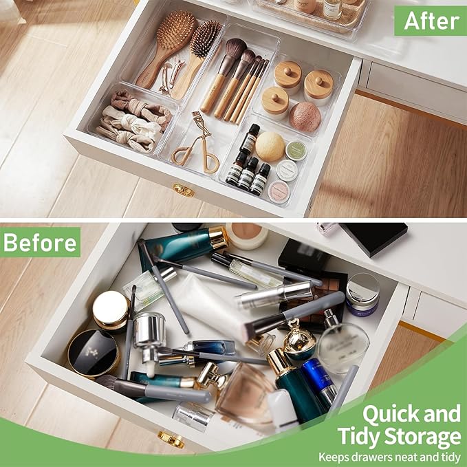 4PCS Clear Plastic Drawer Organizer Tray, 12'' Large Acrylic Vanity Bathroom Drawer Organizers Trays, Desk Drawer Organizer Bins for Cosmetics, Makeup, Kitchen, Office, Junk Drawer Organization