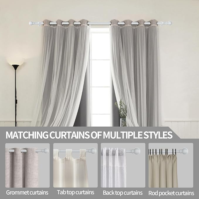 Thestoa Curtain Rods for Windows 30-46 Inch, 5/8" White Curtain Rods, Stainless Steel Small Curtain Rod for Bedroom, Living Room,Kitchen,Farmhouse, Outdoor Curtain rod White
