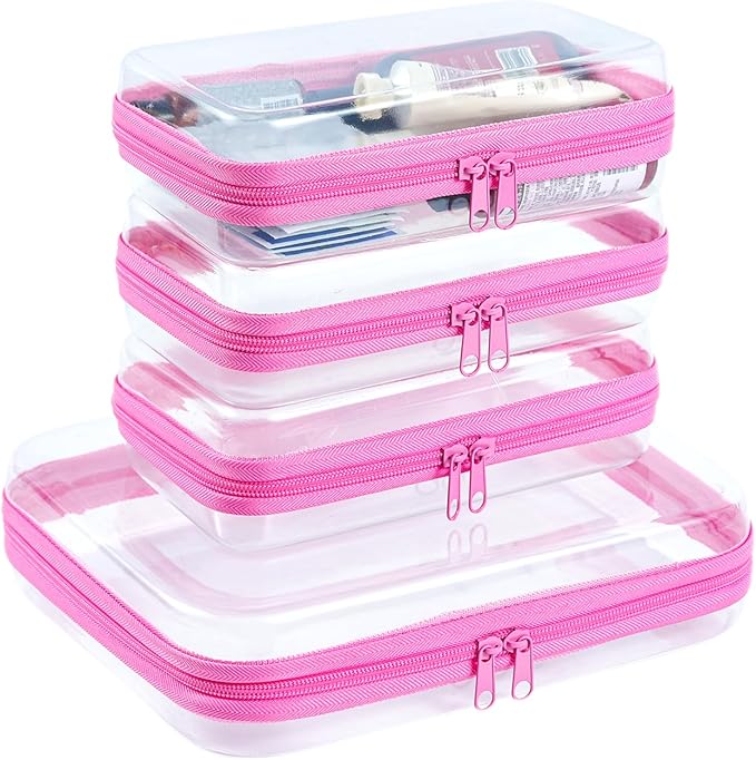 4 pcs Clear Zipper Pouches, Hard Shell Zipper Case, Makeup Organizer | Travel Toiletry bag, Diaper Bag, Travel Organizer, Clear Cosmetic Bag,Toy Storage Bins (M+3S Pink)
