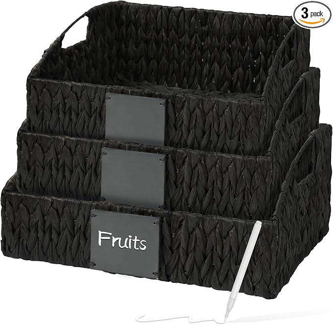 Rattan Storage Basket, Handwoven Wicker Basket for Storage with Built-in Handles, Pantry Baskets for Shelves, Bedroom, Bathroom, Laundry Room or Kitchen(Black)