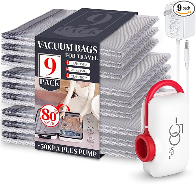 VMstr Vacuum Seal Bags for Clothing Travel, Carry-on Size for Luggage Compression Packing, Space Bags with High Pressure Electric Pump (DC Power) 9-Pack Combo Size Travel Set