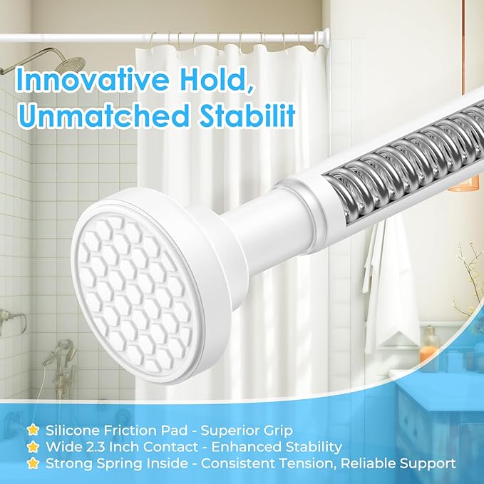 AIZESI Shower Curtain Rod, Adjustable 42-74 Inch Spring Tension Shower Rod, 1" Diameter Tension Curtain Rod No Drilling, Anti-Slip, Premium Stainless Steel Anti-Rust, White