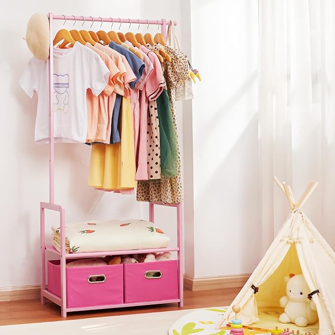 Bamboo Kids Clothing Rack: Holds Up To 121 Lbs of Dress-Up Clothes | 2 Adjustable Hanging Rods & 2 Storage Baskets With Shelf. Child Garment Holder for Playroom & Toddler Bedroom (Pink)