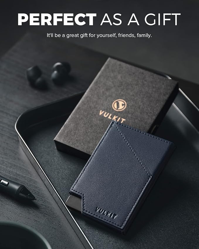 VULKIT Pop up Card Wallet RFID Blocking Slim Aluminum Metal Bank Card Holder Case with Business Money Pocket for Credit Cards Notes and Coins (Navy)