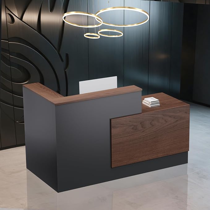 L-Shaped Large Wooden Reception Desk, Modern Front Desk Reception Counter with Lockable Drawers, Storage & Keyboard Tray for Office Lobby Checkout (Right-Brown + Black, 71''L x 34''W x 41''H)